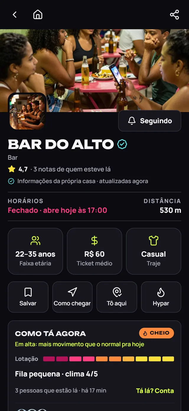 Página de um lugar no Brota, com lotação e agenda